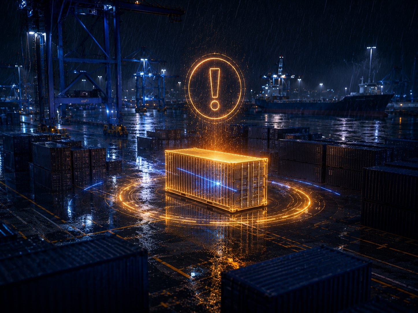 A container held under a holographic alert on a rain-soaked container yard
