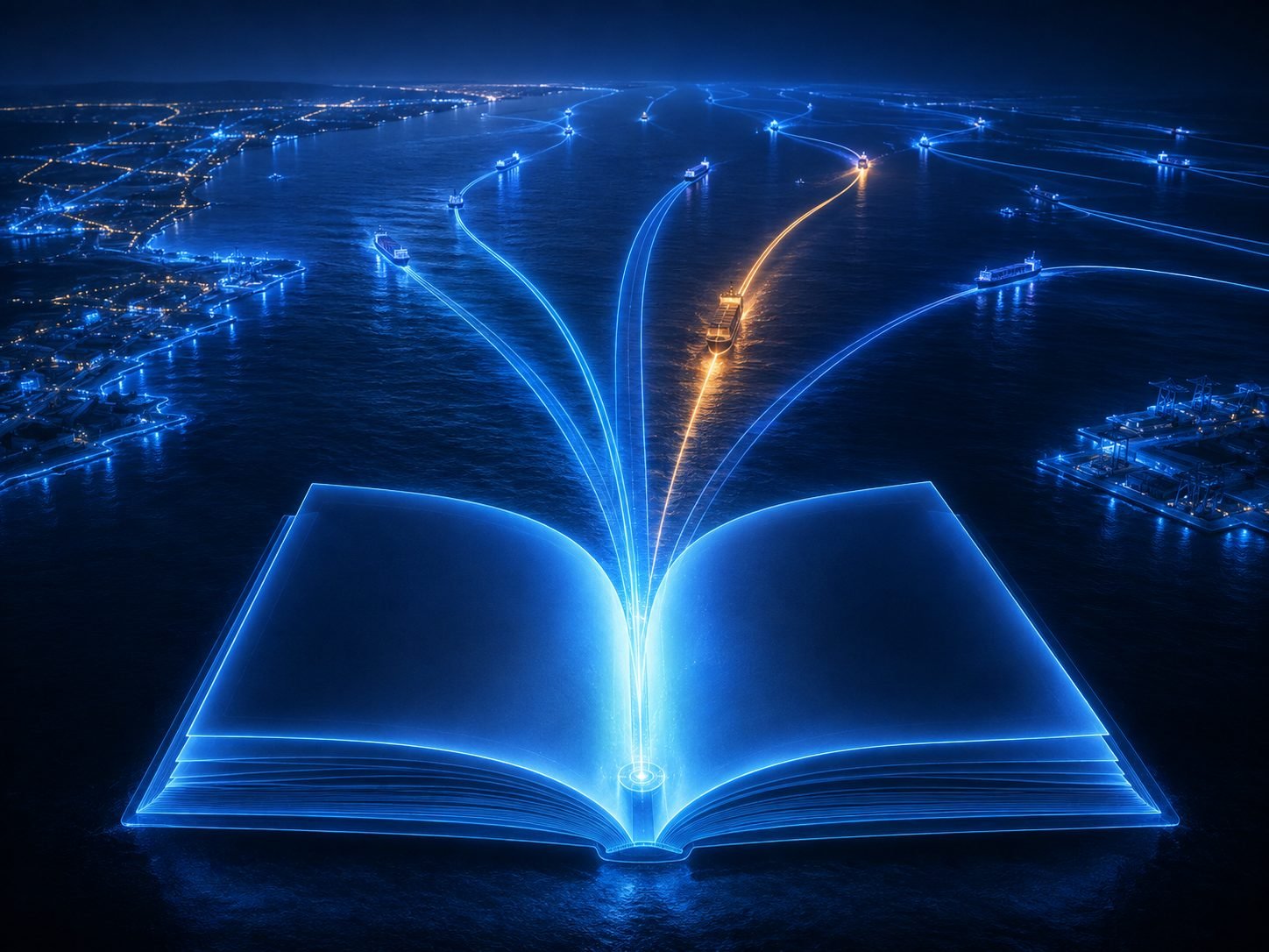 Shipping routes rising from an open policy book across a night sea