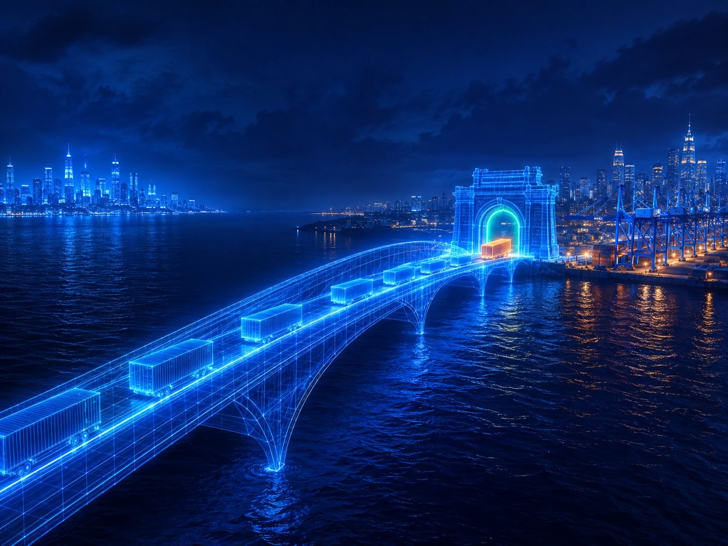 A glowing wireframe bridge carrying cargo into an Indian city at night