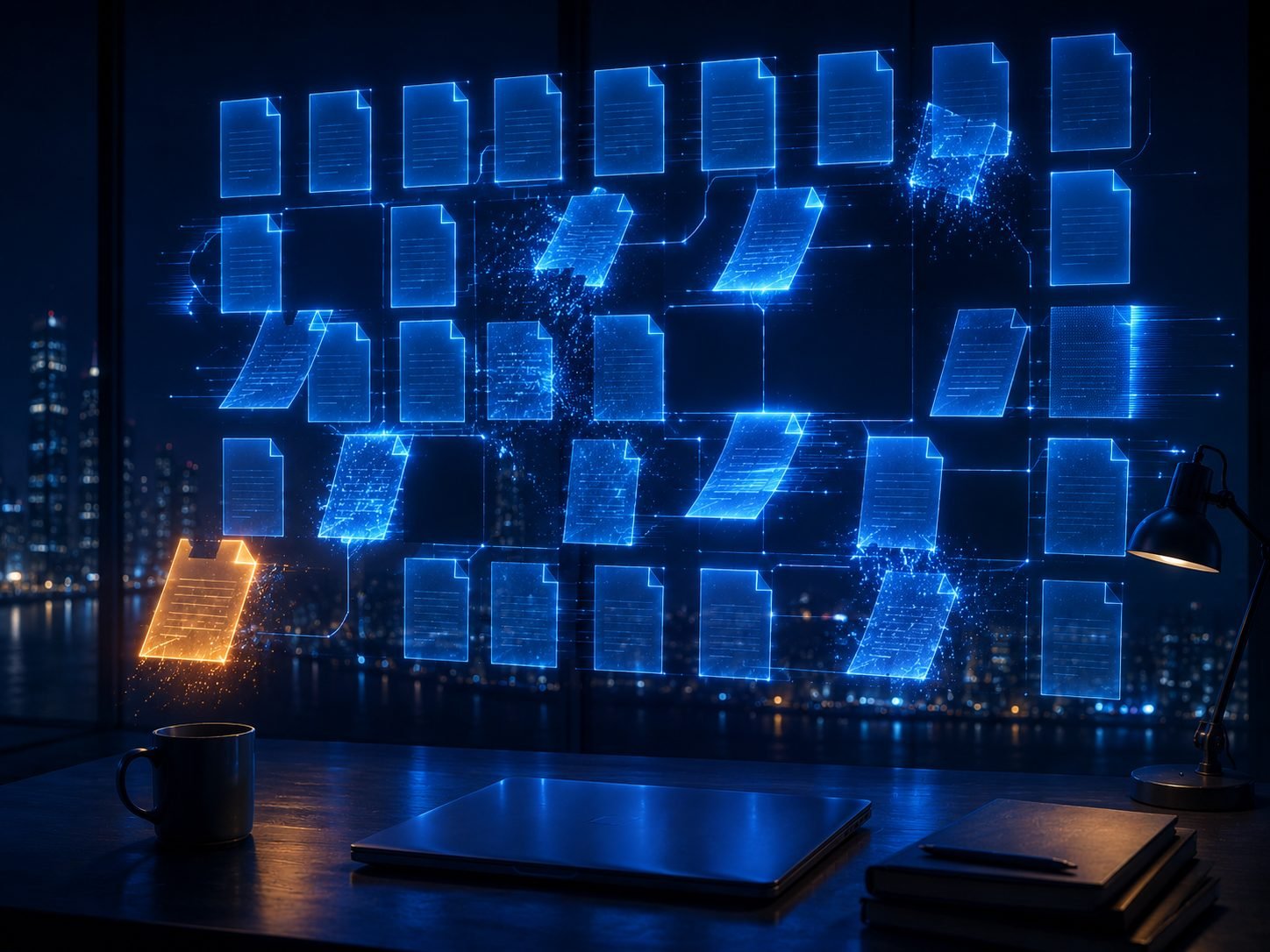 A wall of glowing rule pages with a single page turning amber